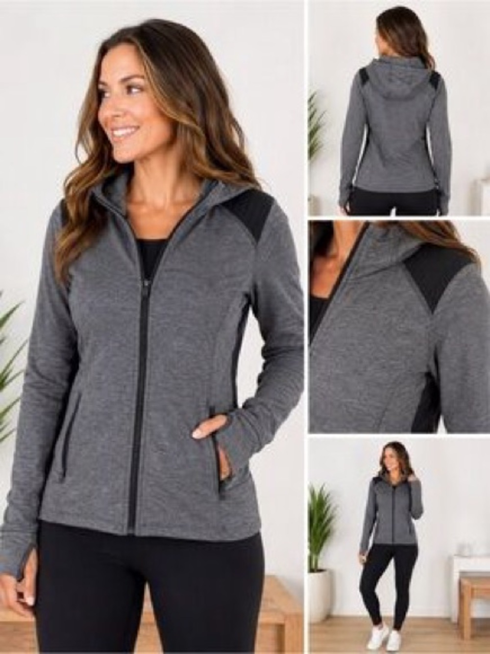 Athleta Stronger Charcoal and Black Zip-Up Hooded Jacket
